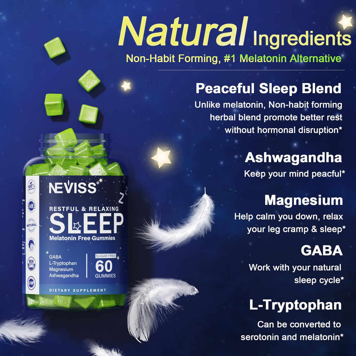 Gummies de sommeil NEVISS montrant les ingrédients naturels sur l'étiquette
