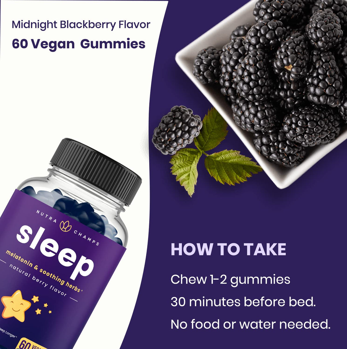 Gummies de sommeil NutraChamps montrant les ingrédients naturels