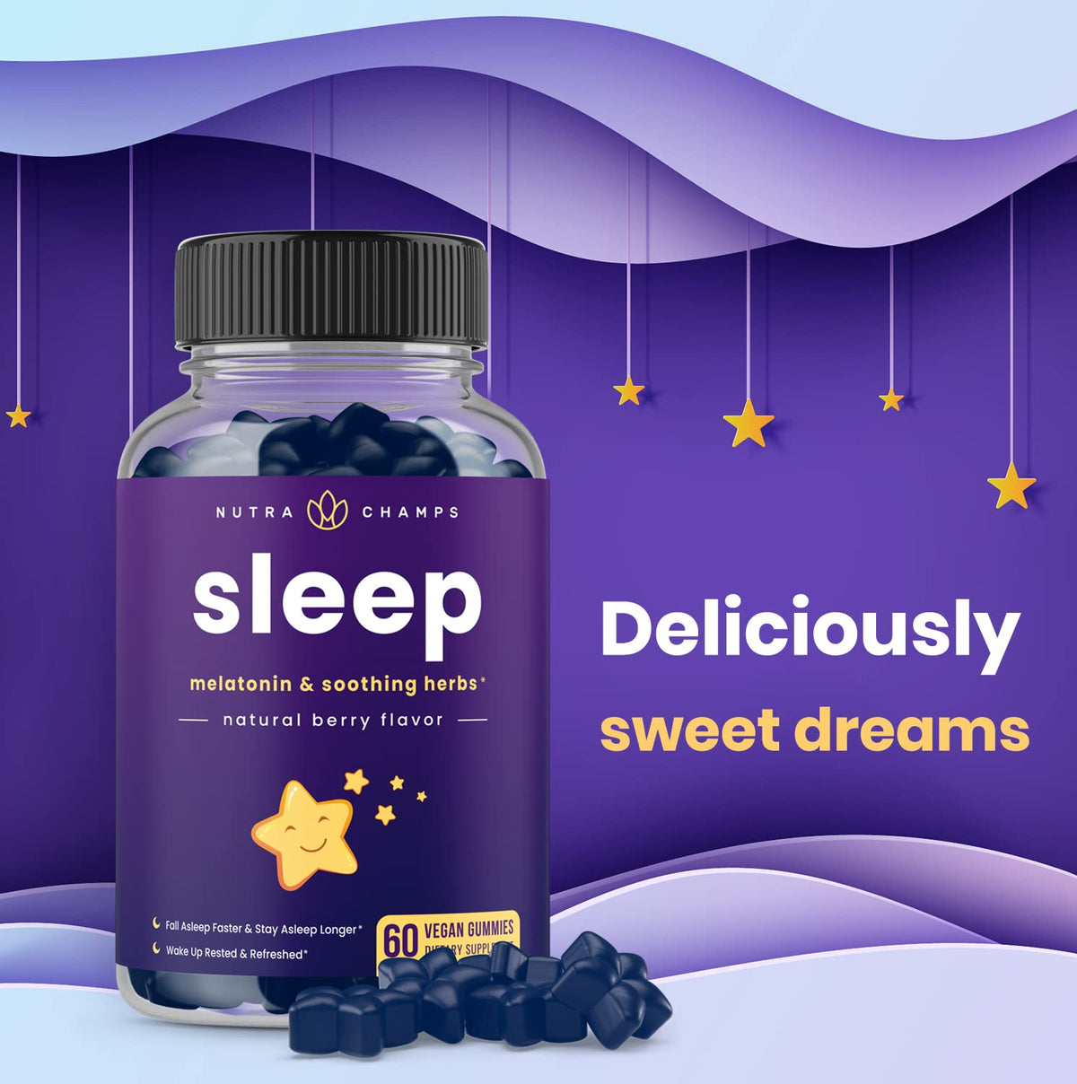 Gummies de sommeil NutraChamps sur une table en bois