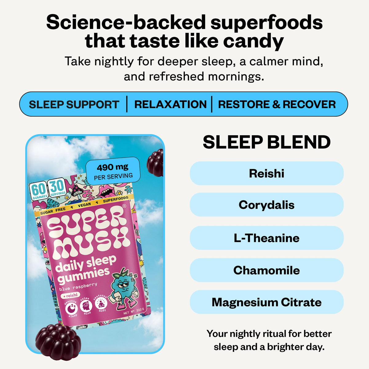 Gummies de sommeil SuperMush avec étiquette détaillée