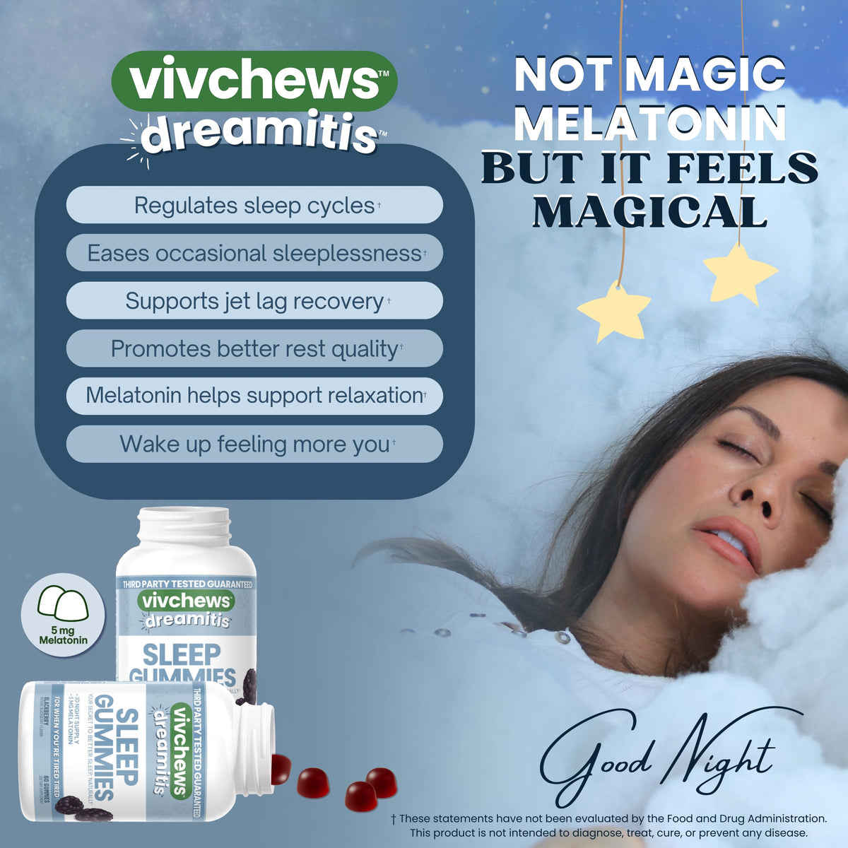 Gummies de sommeil vivchews sur une table avec des baies