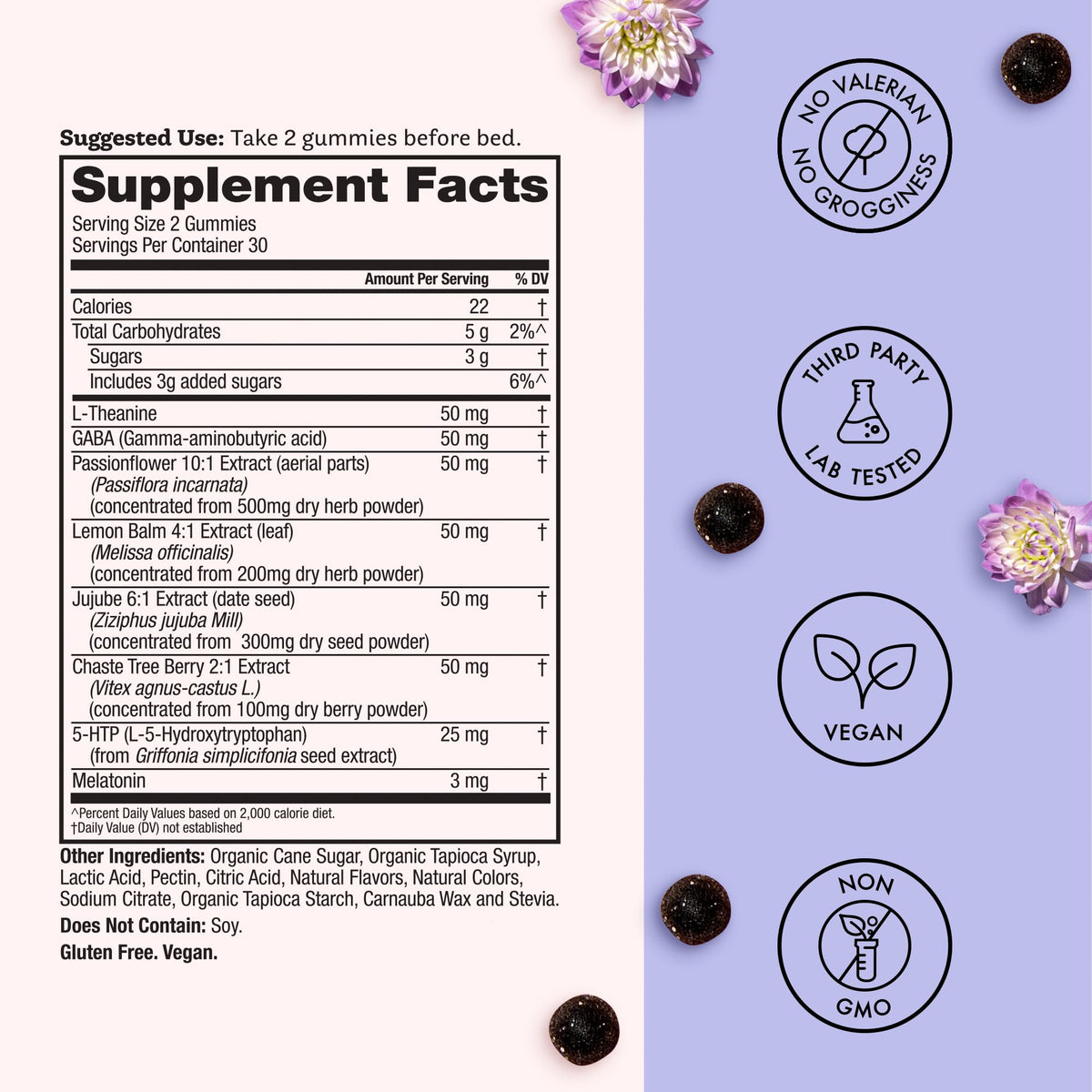 Gummies de Sommeil Winged Wellness, arrière de l'emballage
