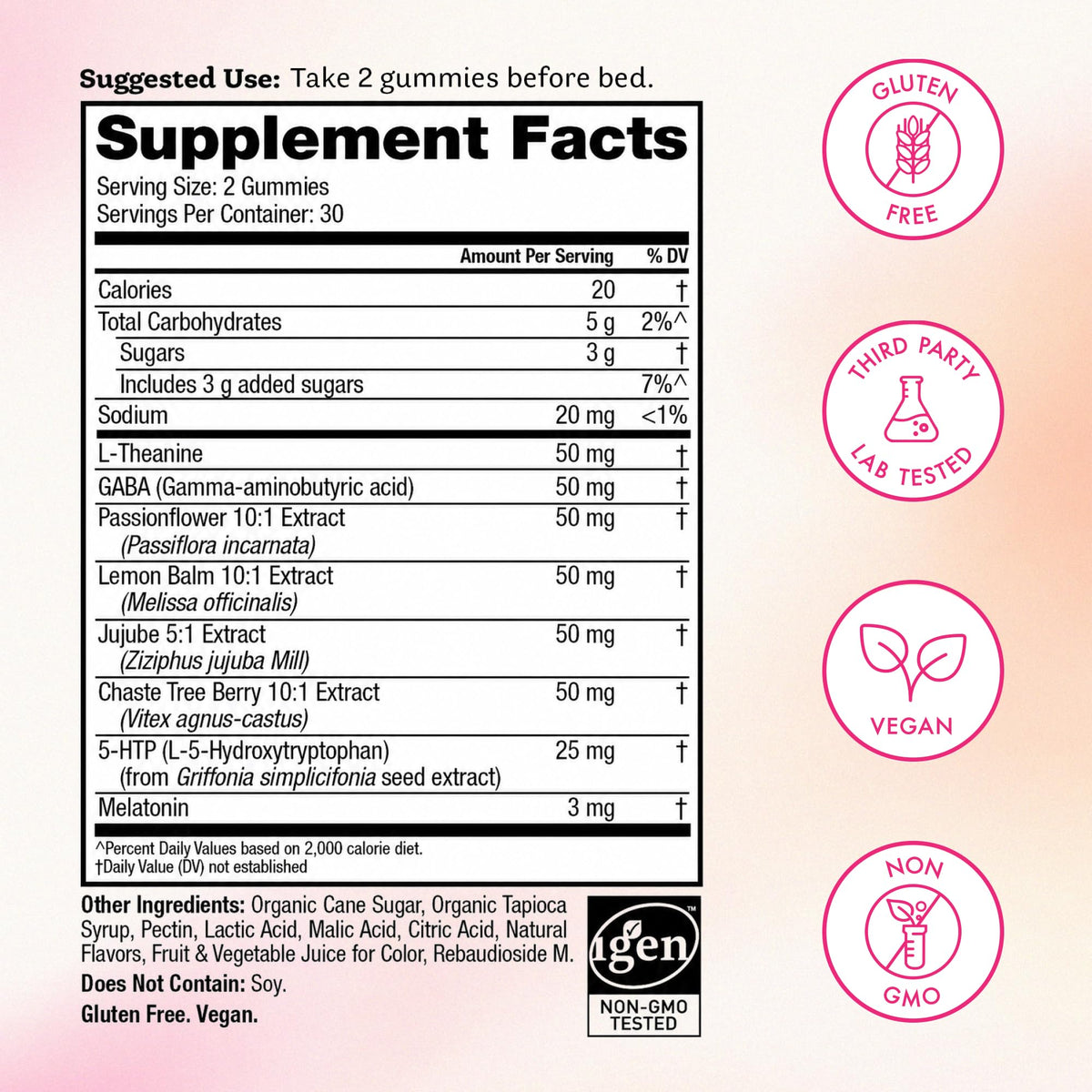Gummies de Sommeil Winged Wellness, ingrédients sur l'étiquette