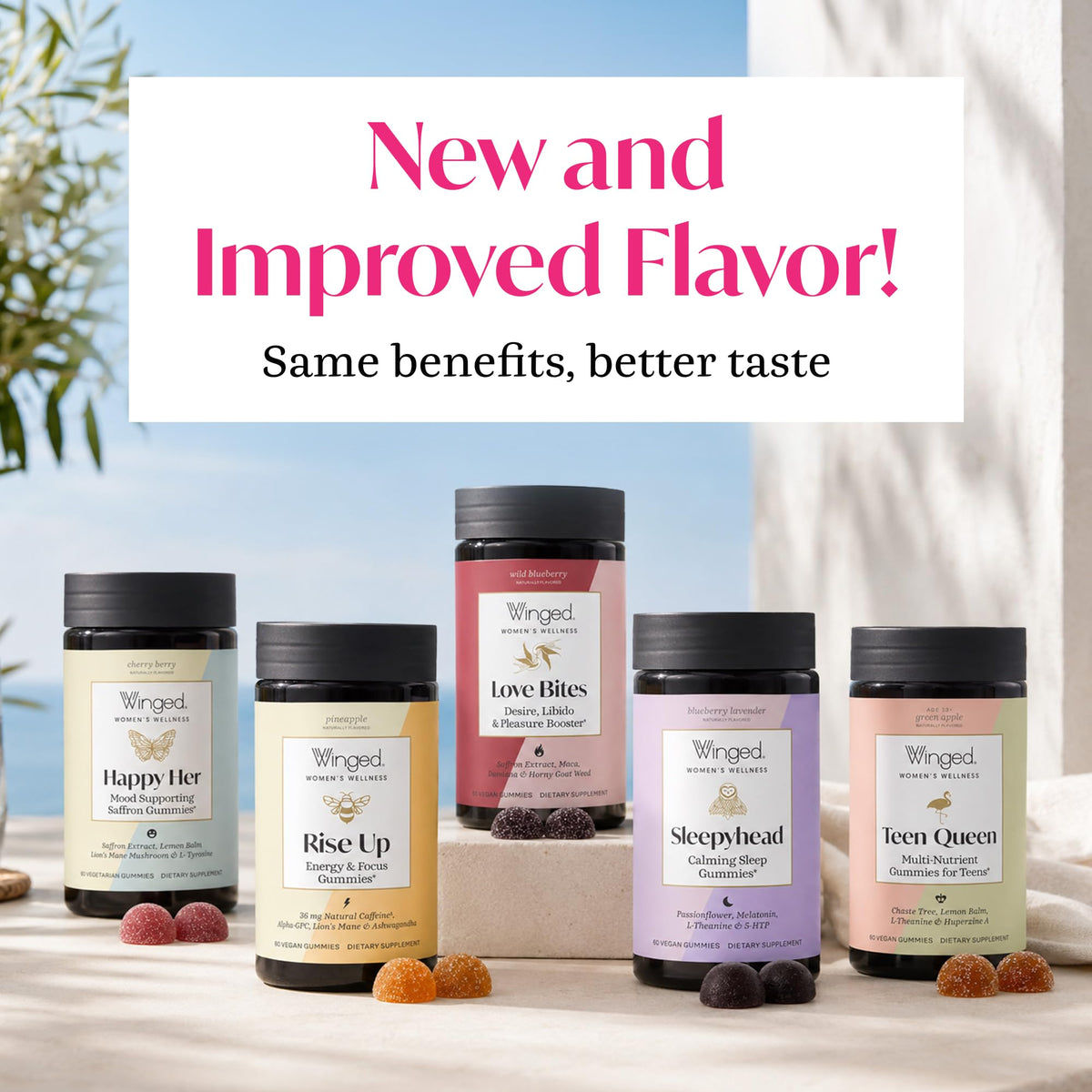 Gummies de Sommeil Winged Wellness, pot avec arrière-plan daily wellness