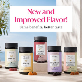 Gummies de Sommeil Winged Wellness, pot avec arrière-plan daily wellness