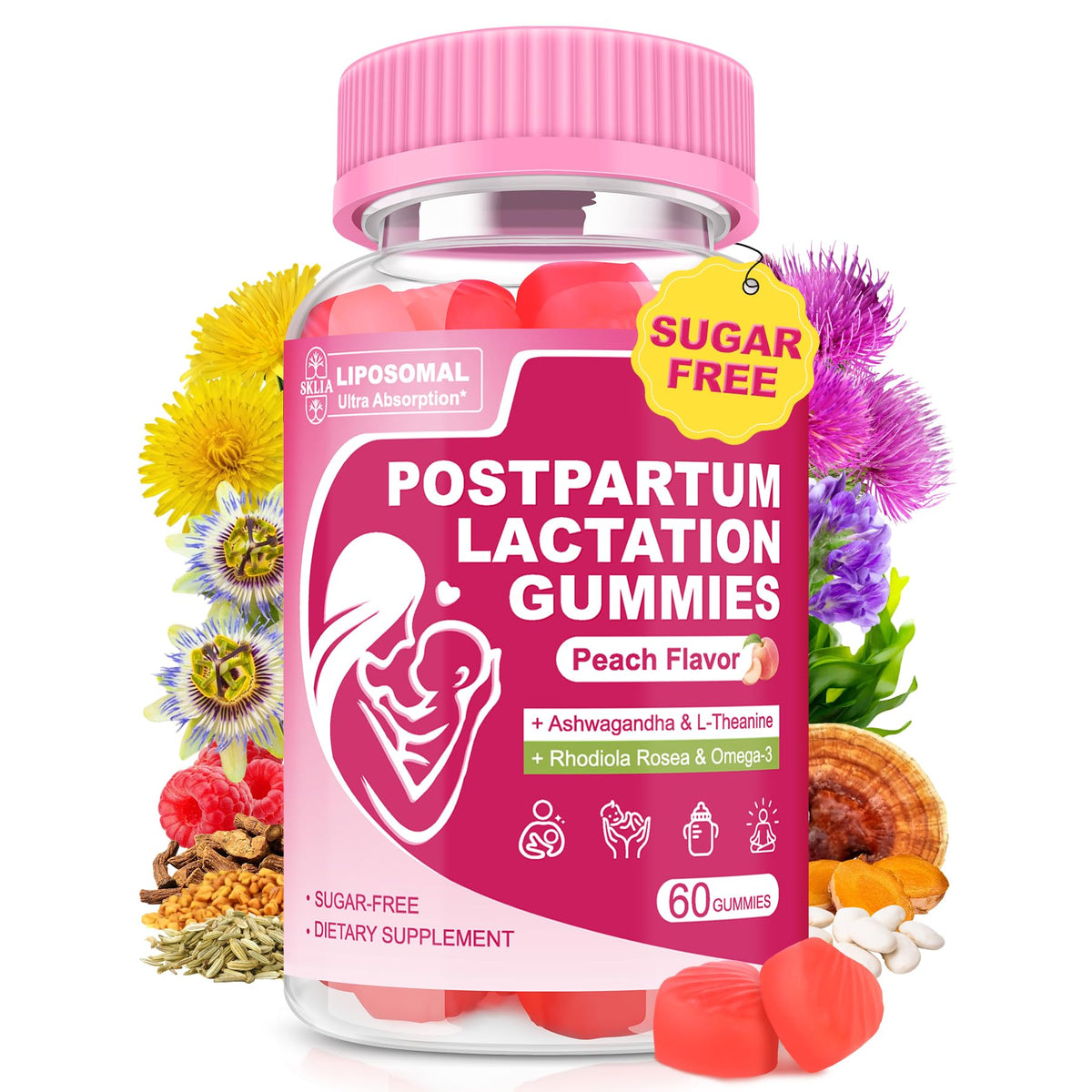 Gummies de soutien à la lactation SKLIA saveur pêche, pot de 60 unités