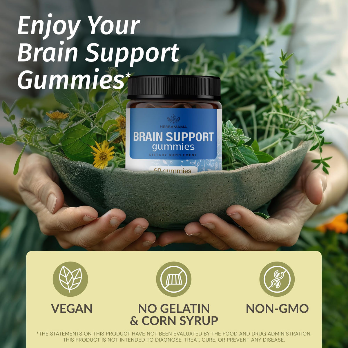 Gummies de soutien cérébral HERBAMAMA à la myrtille sur fond blanc
