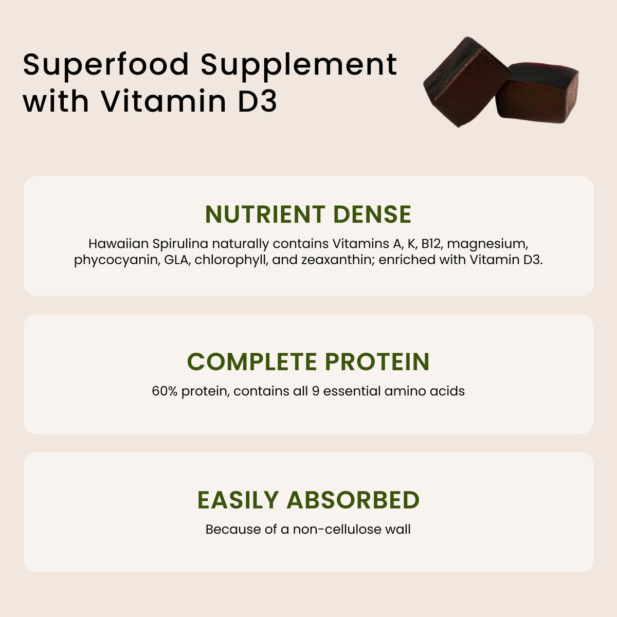 Gummies de spiruline Nutrex Hawaii, présentation sur une table
