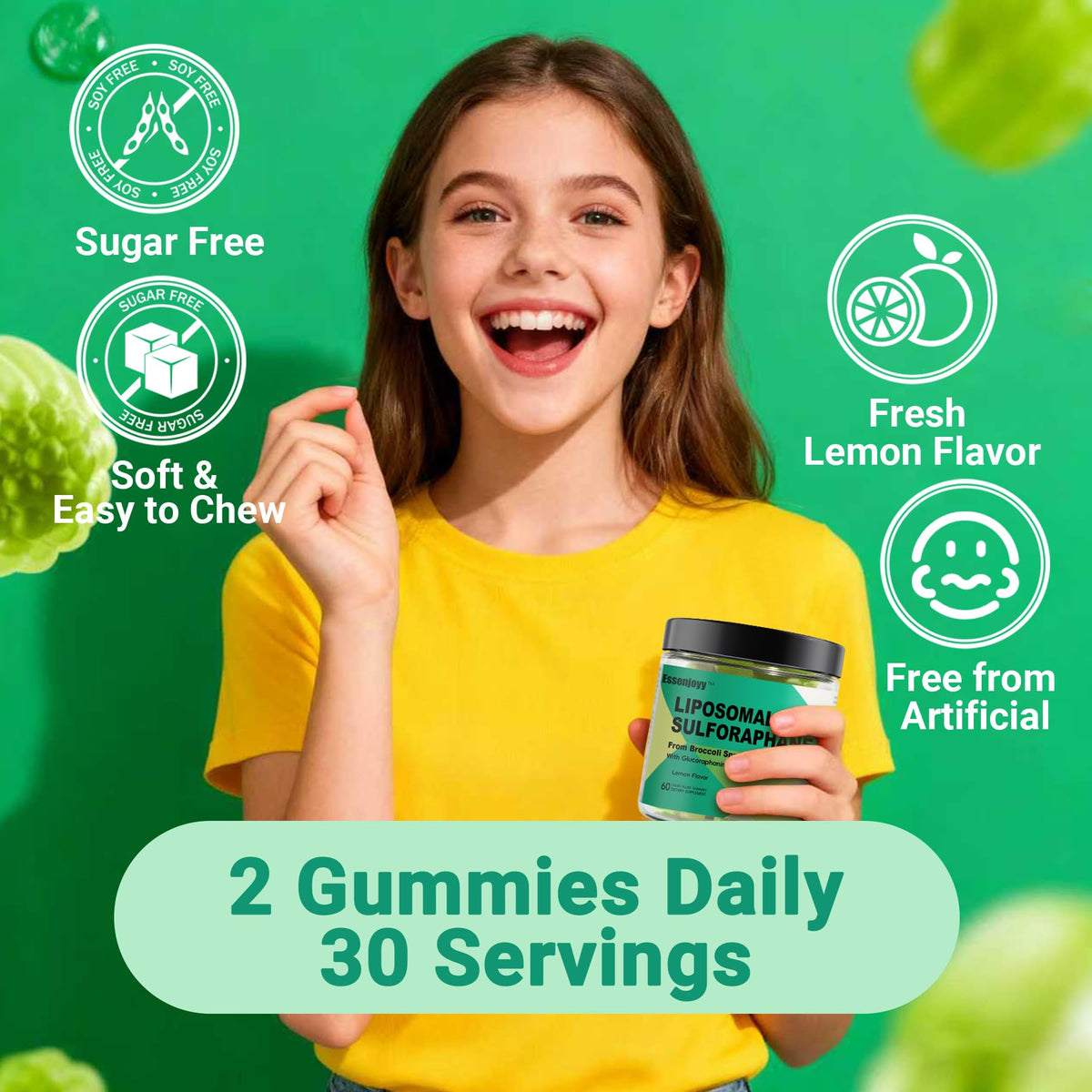 Gummies de sulforaphane ESSENJOYY sur un fond en bois