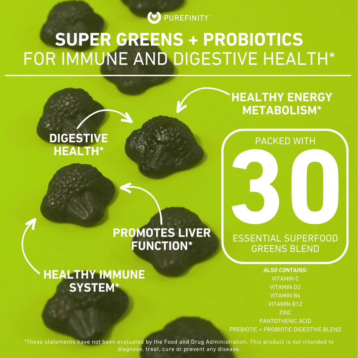 Gummies de Super Aliments Verts PUREFINITY avec étiquette visible