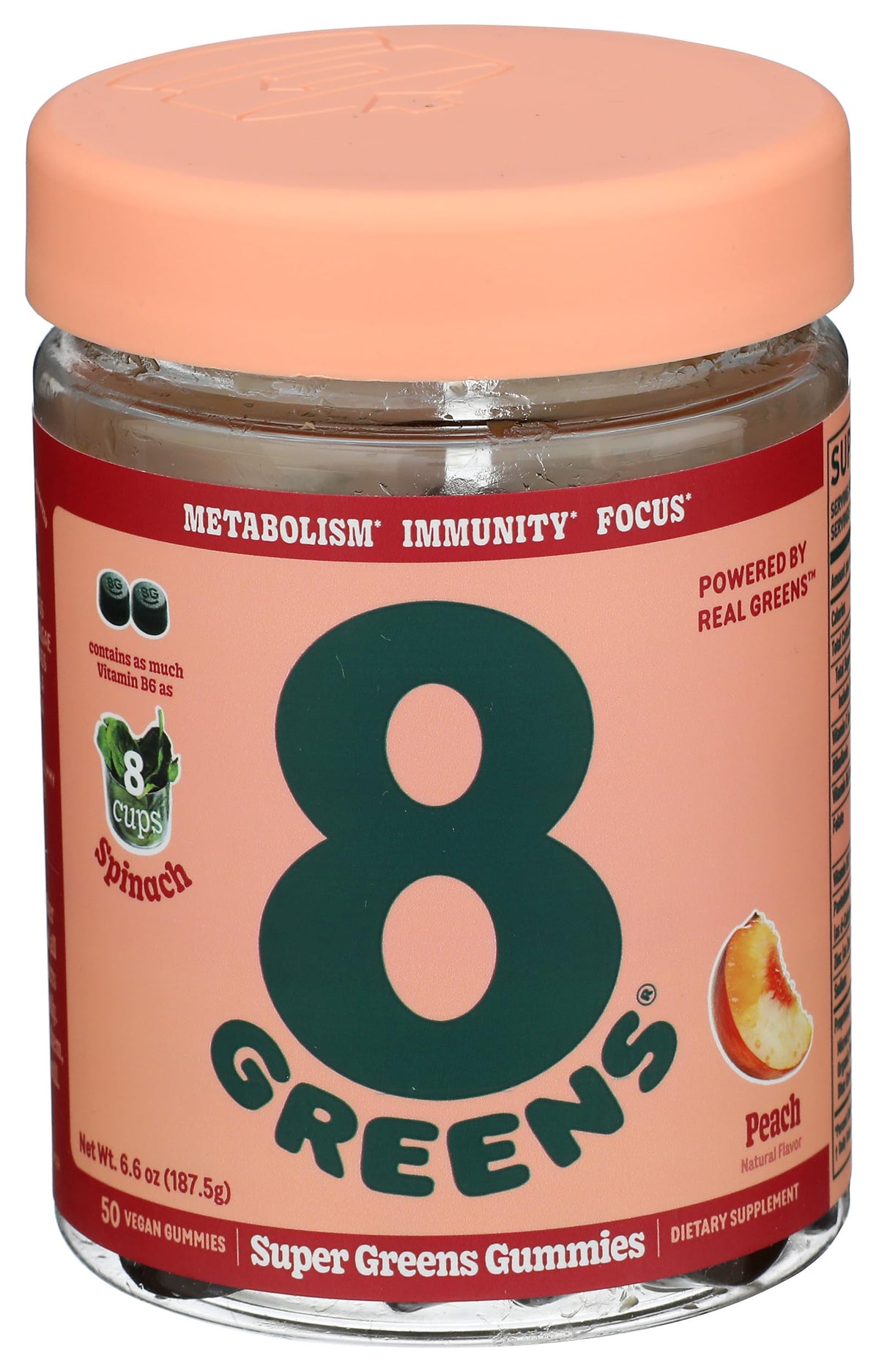 Gummies de supergreens 8G au goût de pêche, vue de face