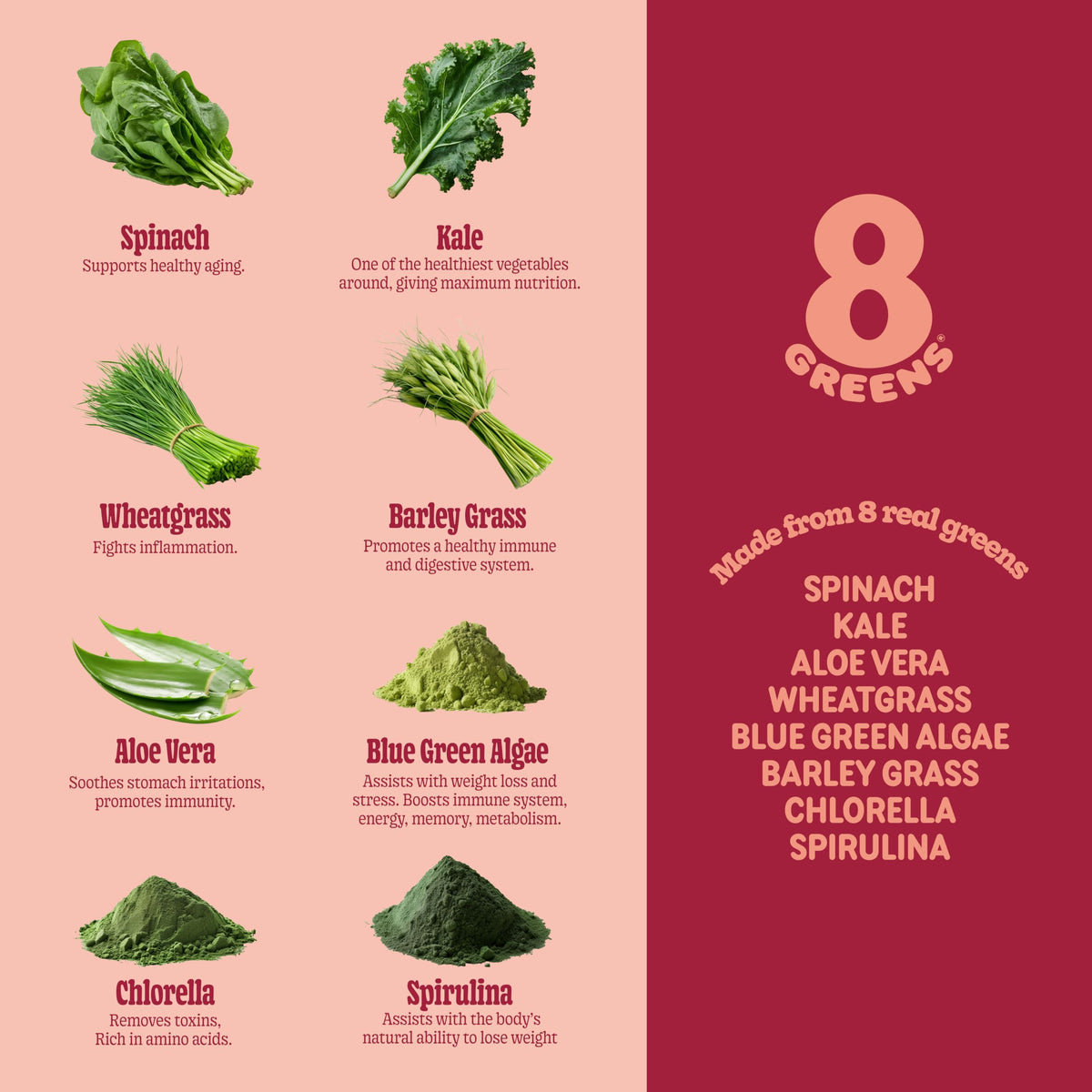 Gummies de supergreens 8G au goût pêche, avec des légumes verts en arrière-plan.