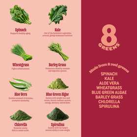 Gummies de supergreens 8G au goût pêche, avec des légumes verts en arrière-plan.