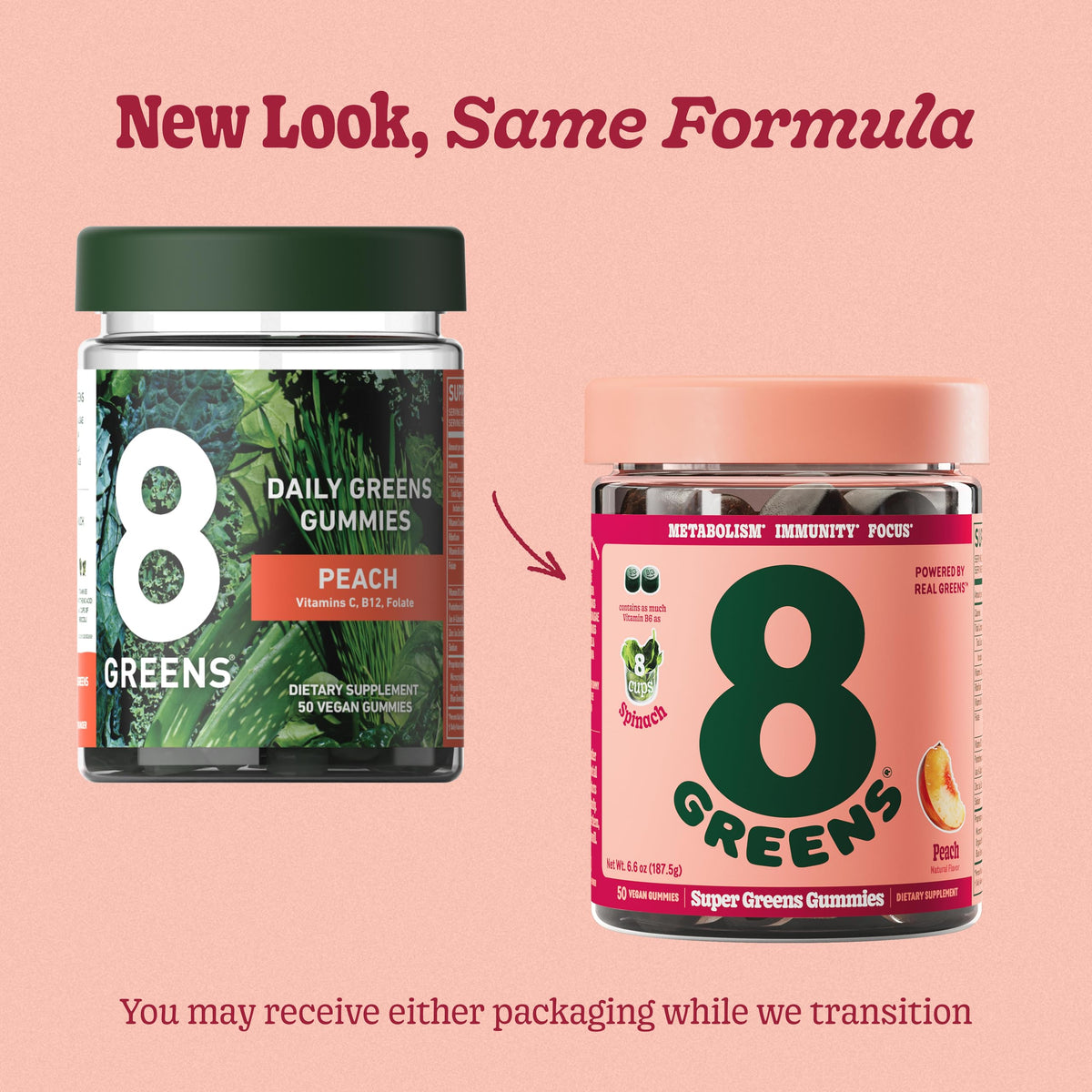 Gummies de supergreens 8G au goût pêche, vue de dessus.