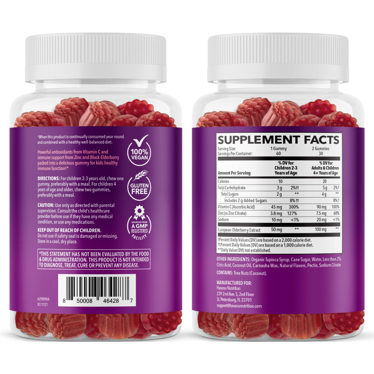 Gummies de sureau HAVASU NUTRITION, arrière de la bouteille