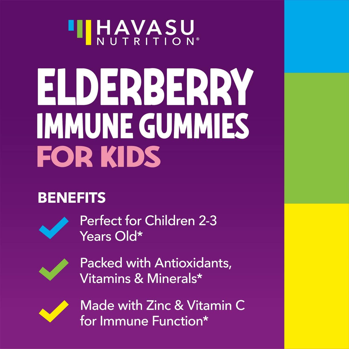 Gummies de sureau HAVASU NUTRITION avec vitamine C et zinc, côté de la bouteille