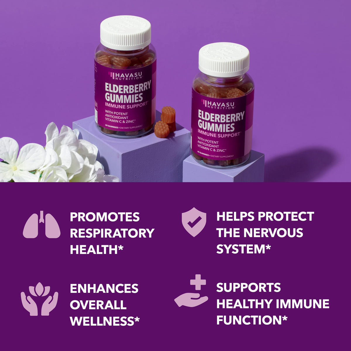 Gummies de Sureau HAVASU NUTRITION dans un bol, mise en scène avec des baies