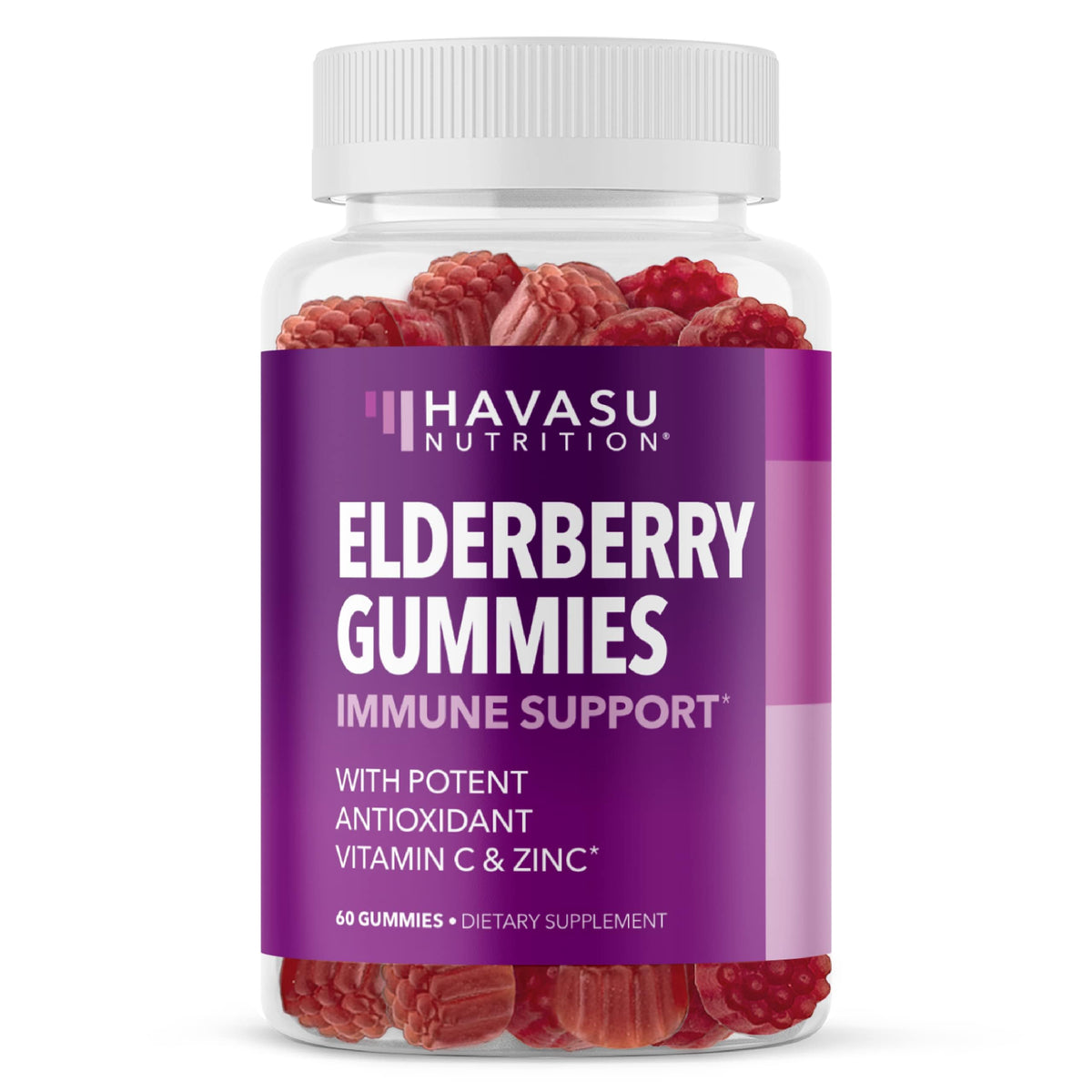 Gummies de Sureau HAVASU NUTRITION en vue de face, emballage avec fruits en arrière-plan