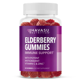 Gummies de Sureau HAVASU NUTRITION en vue de face, emballage avec fruits en arrière-plan