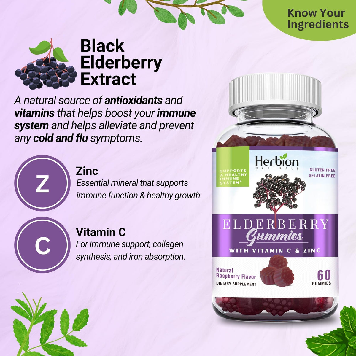 Gummies de Sureau HERBION sur une table avec des fruits