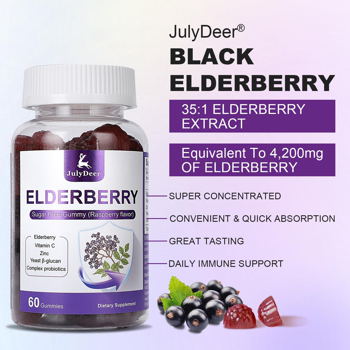 Gummies de Sureau JulyDeer vue de côté avec des gummies en arrière-plan