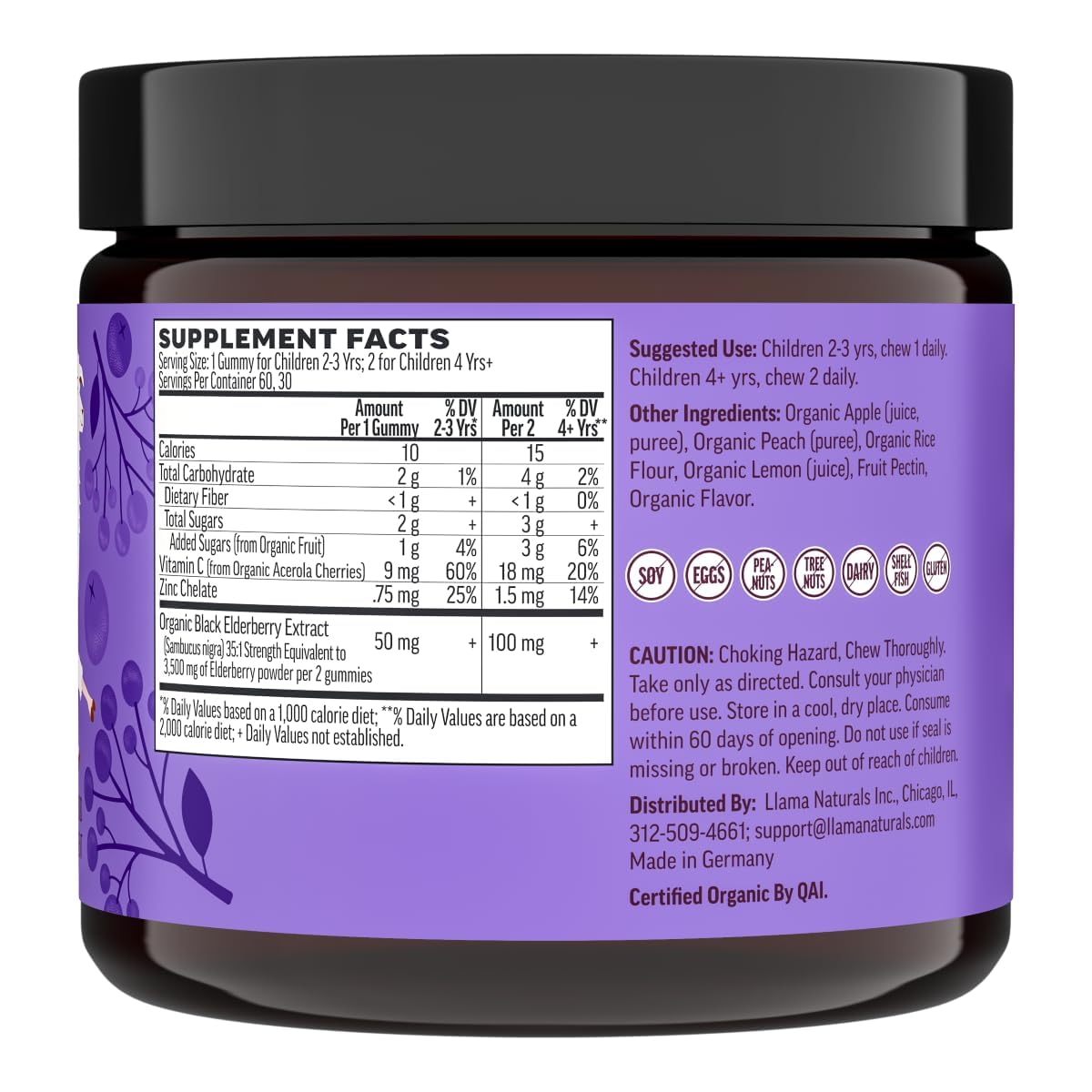 Gummies de sureau Llama Naturals, flacon ouvert avec gummies visibles