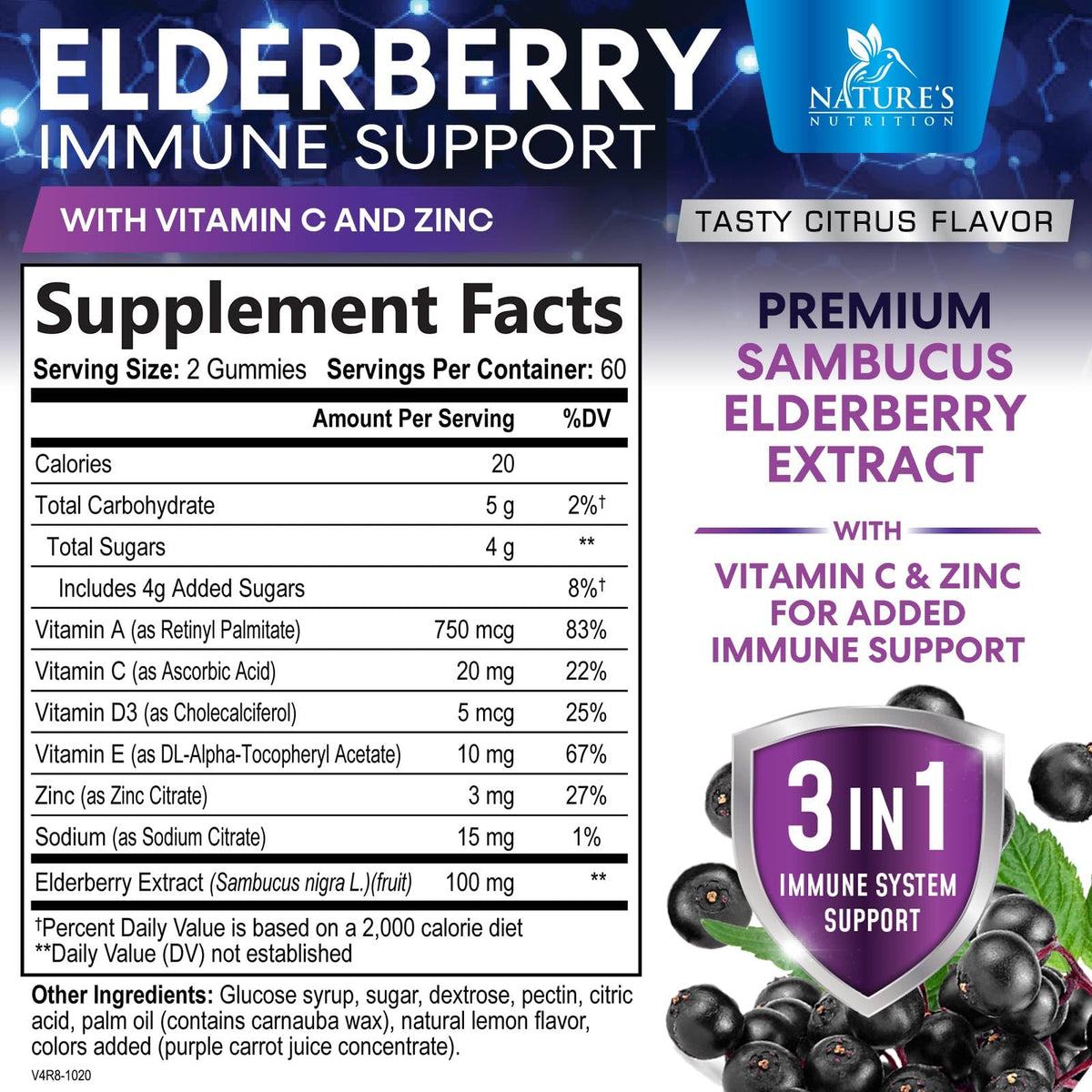 Gummies de sureau Nature's Nutrition avec Vitamine C, D3 et Zinc
