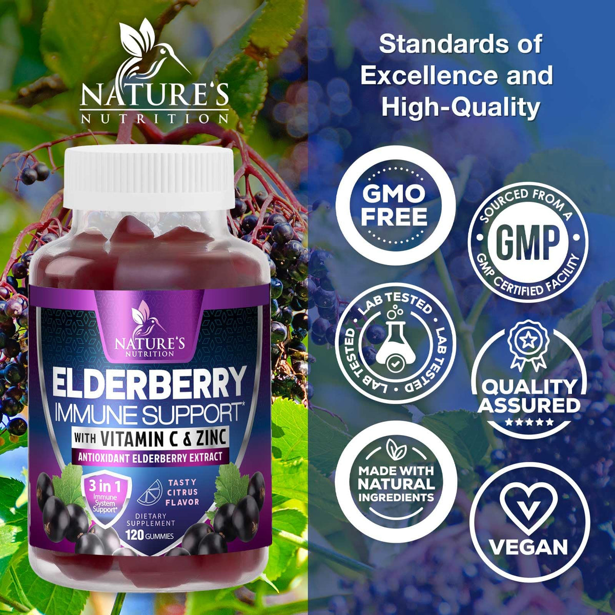 Gummies de Sureau Nature's Nutrition avec vitamines C, D3 et zinc