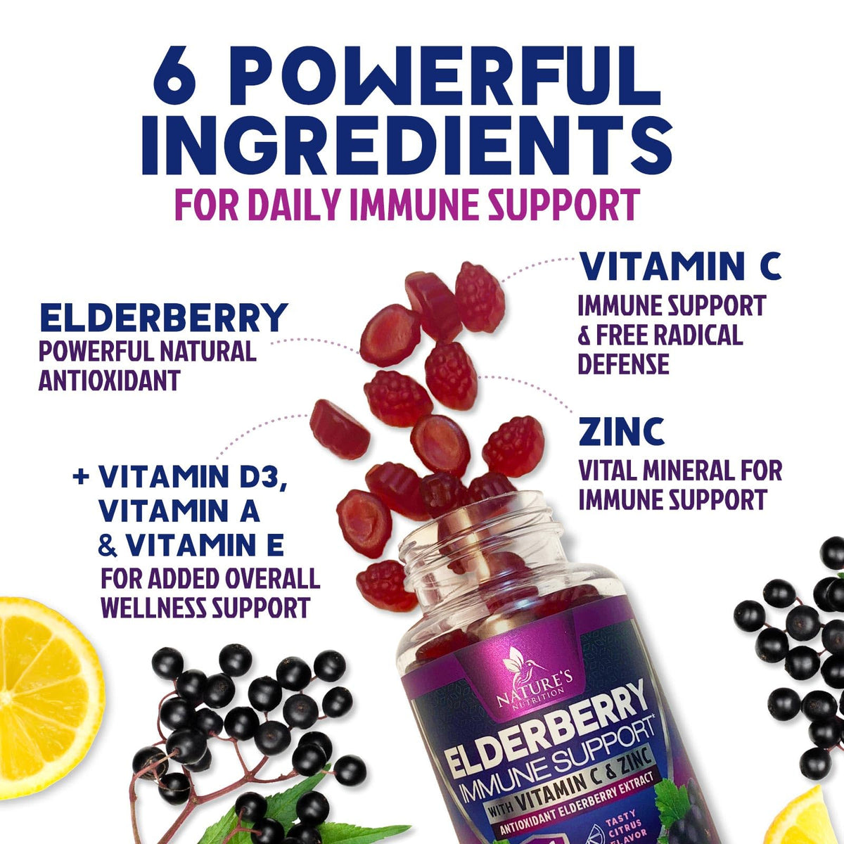 Gummies de Sureau Nature's Nutrition montrant la texture des gummies