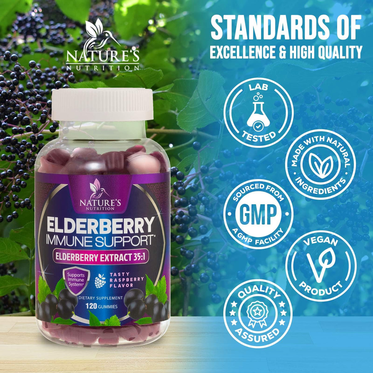 Gummies de Sureau Nature's Nutrition sur une table en bois