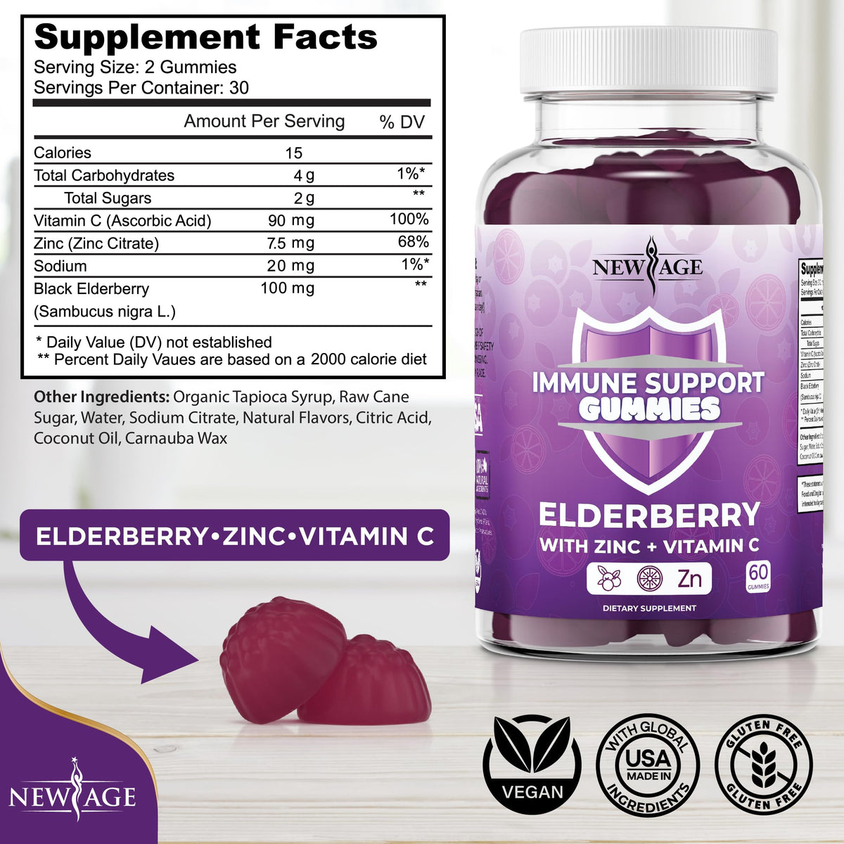 Gummies de Sureau Noir NEW AGE avec Vitamine C et Zinc, vue de côté