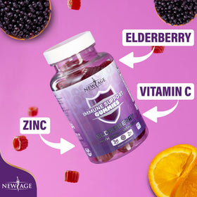 Gummies de Sureau Noir NEW AGE, présentation avec fruits