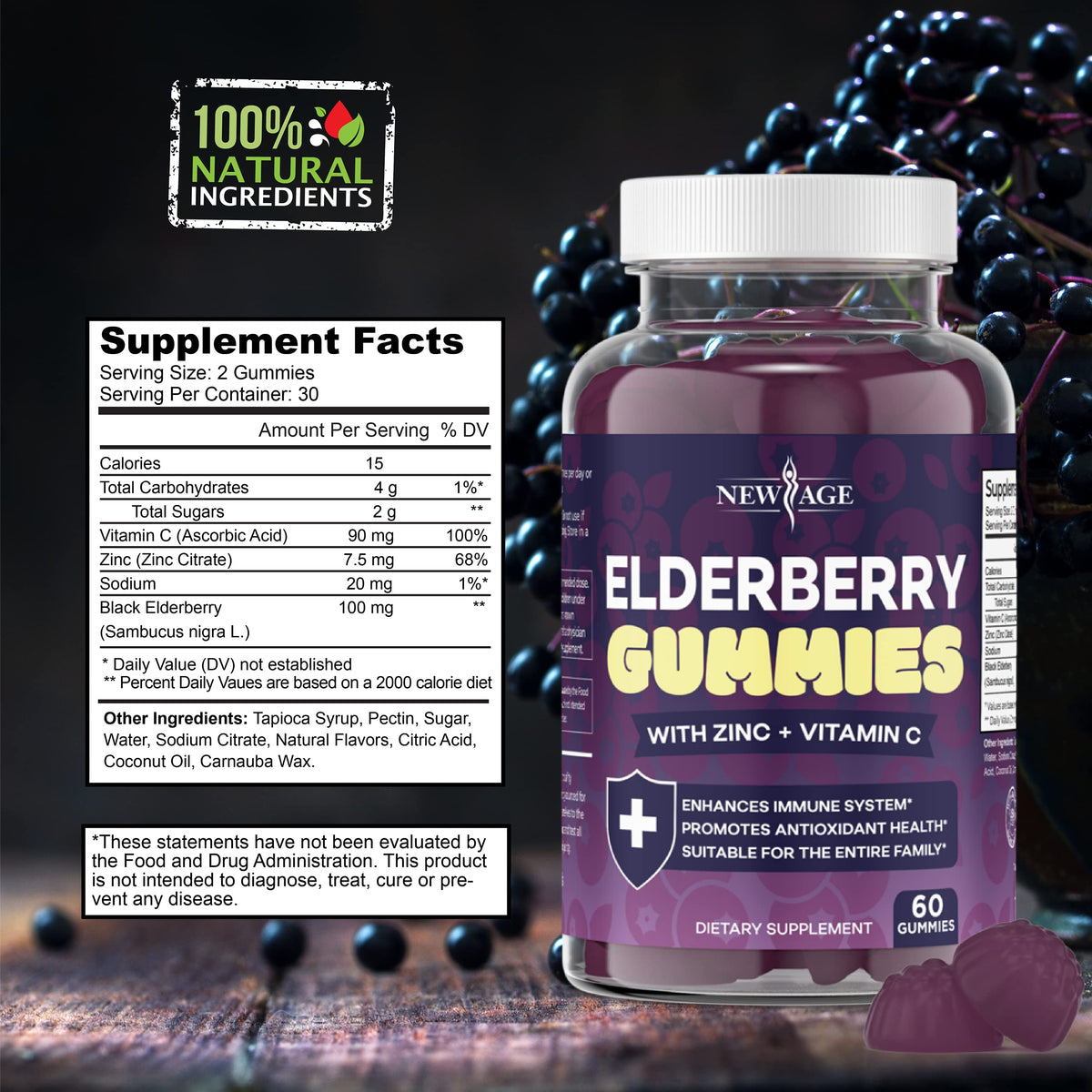 Gummies de Sureau Noir NEW AGE sur une table avec des fruits