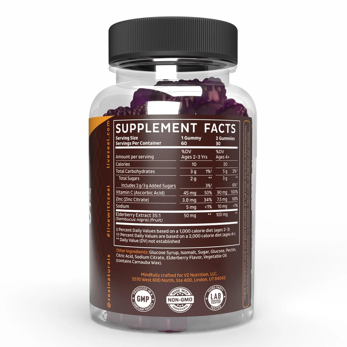 Gummies de sureau noir Zeal Naturals, ingrédients listés sur l'emballage