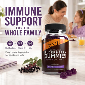 Gummies de sureau noir Zeal Naturals, présentation des gummies sur une table