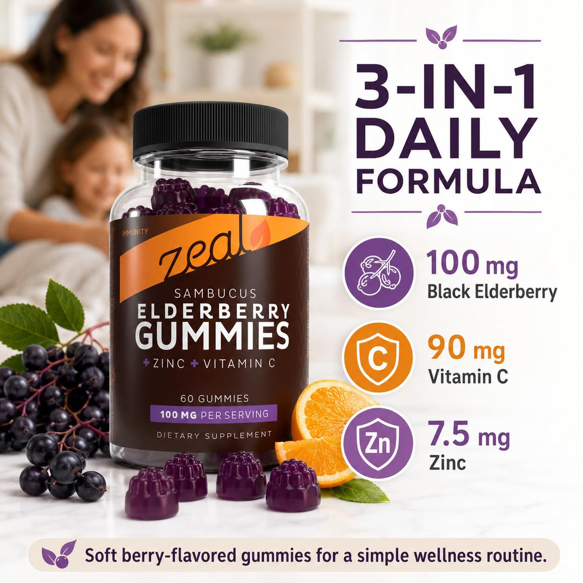 Gummies de sureau noir Zeal Naturals, vue arrière de l'emballage