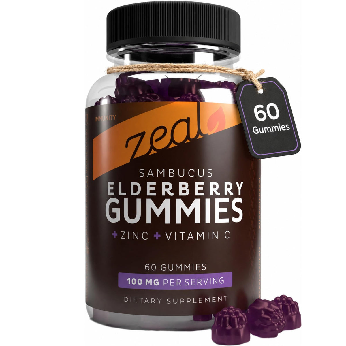 Gummies de sureau noir Zeal Naturals, vue de face, contenant 60 unités