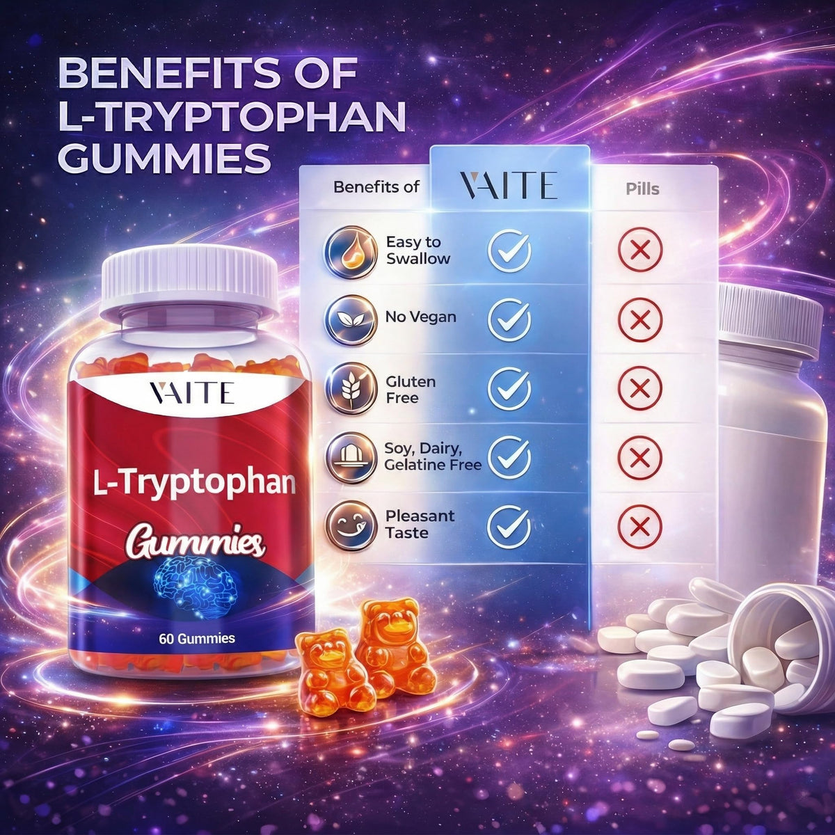 Gummies de Tryptophane 1000mg VAITE avec d'autres compléments alimentaires