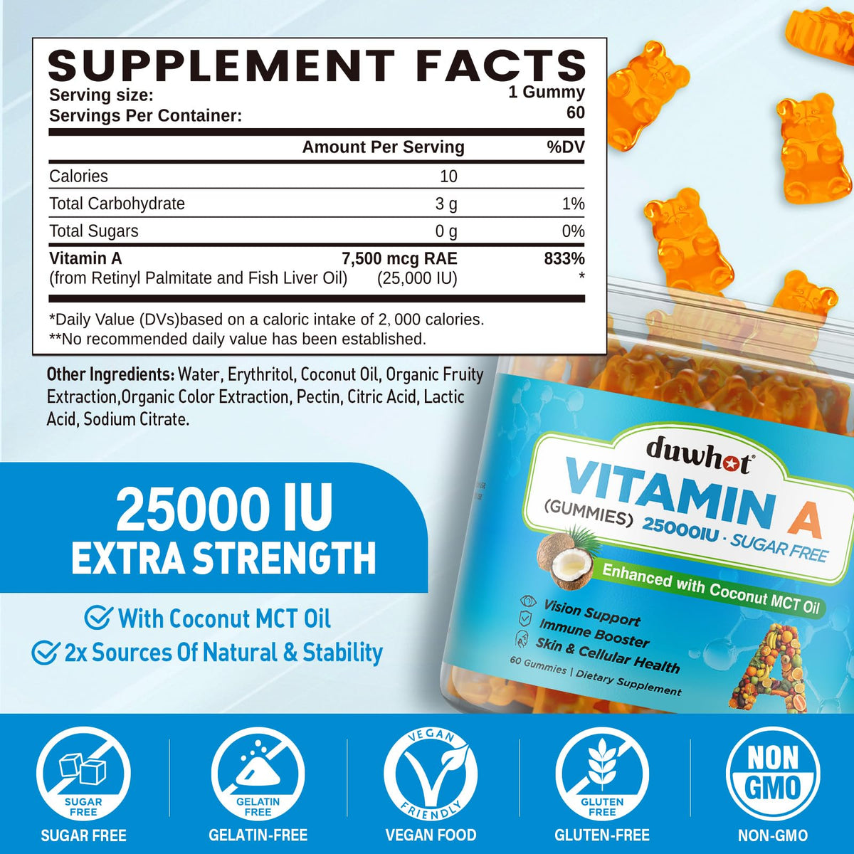 Gummies de vitamine A duwhot montrant la texture et la couleur orange