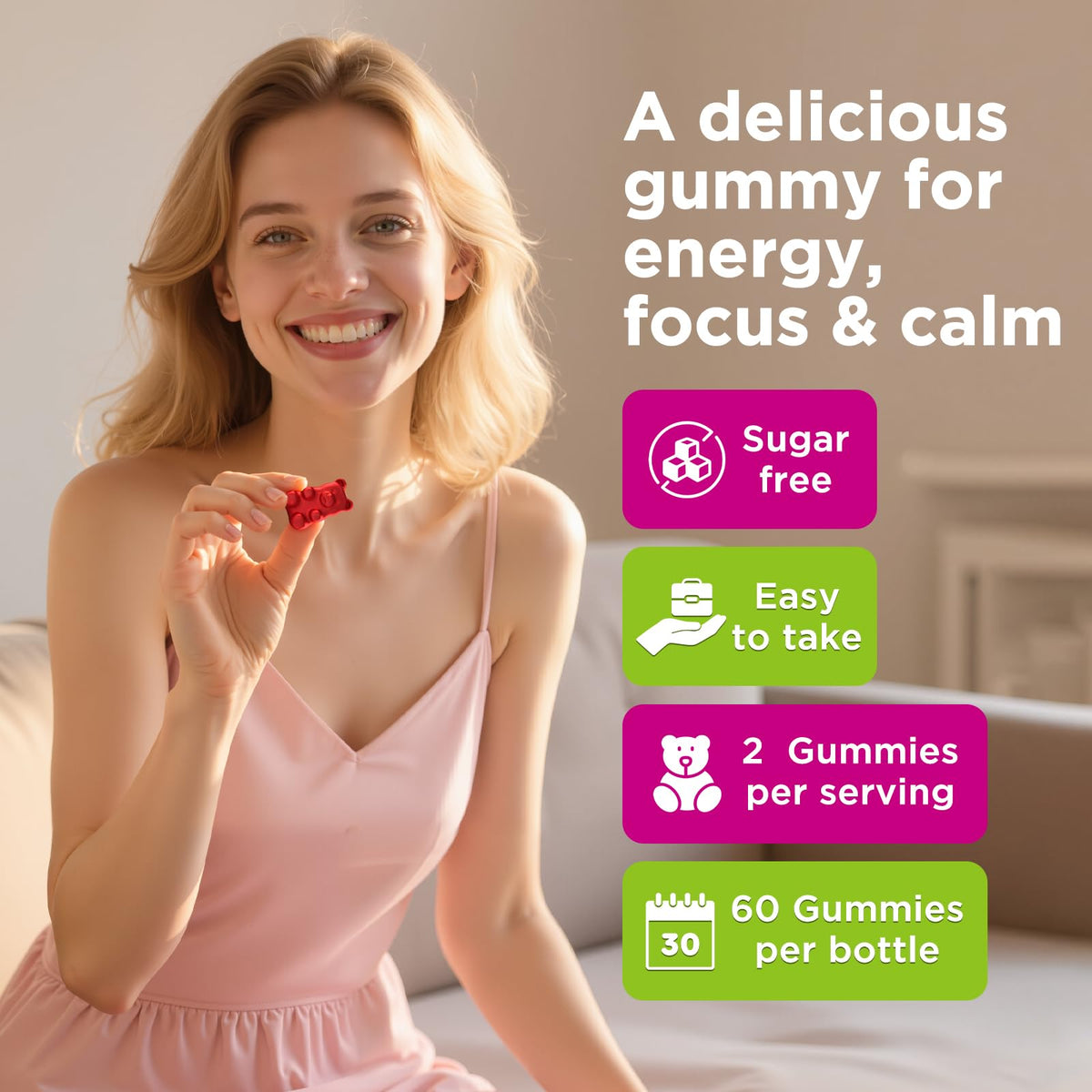 Gummies de vitamine B ReviNutra avec des fruits frais en arrière-plan