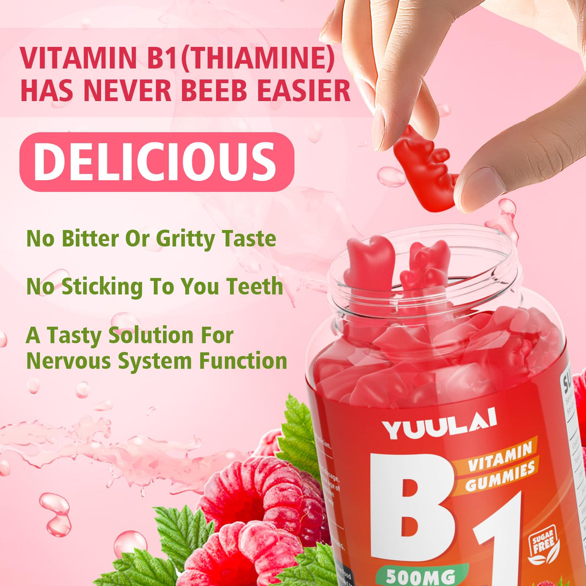 Gummies de vitamine B1 YUULAI 500mg avec un verre d'eau