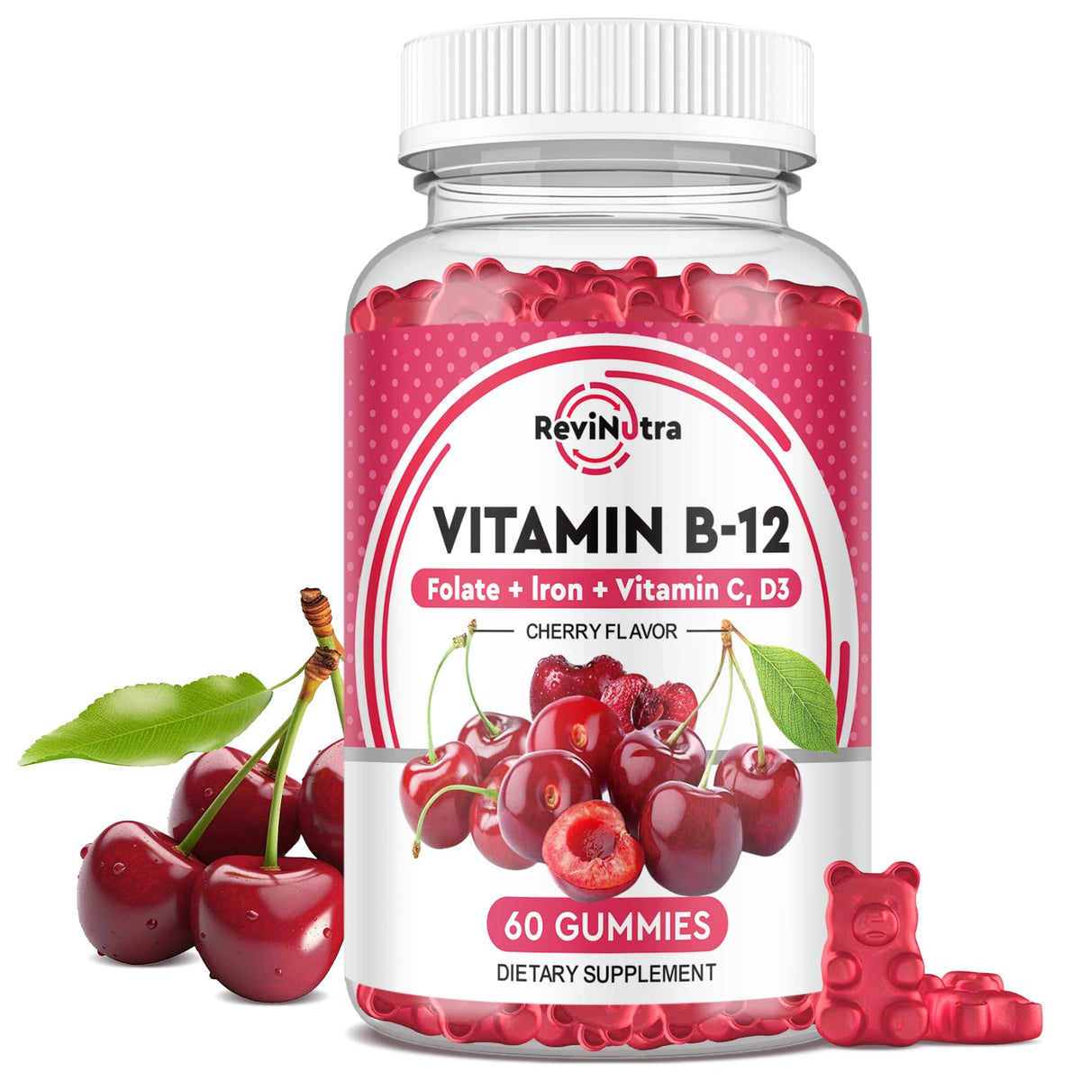 Gummies de vitamine B12 ReviNutra 5000 mcg pot avant
