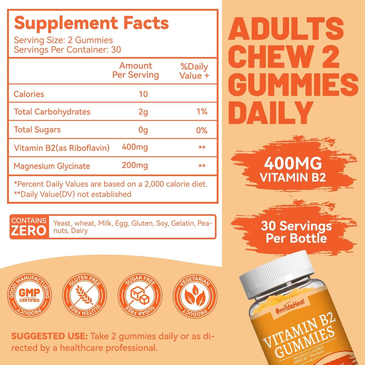 Gummies de Vitamine B2 400 mg SmildeHeal avec un fond naturel
