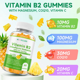 Gummies de vitamine B2 MOORGUMY avec des ingrédients sur une table