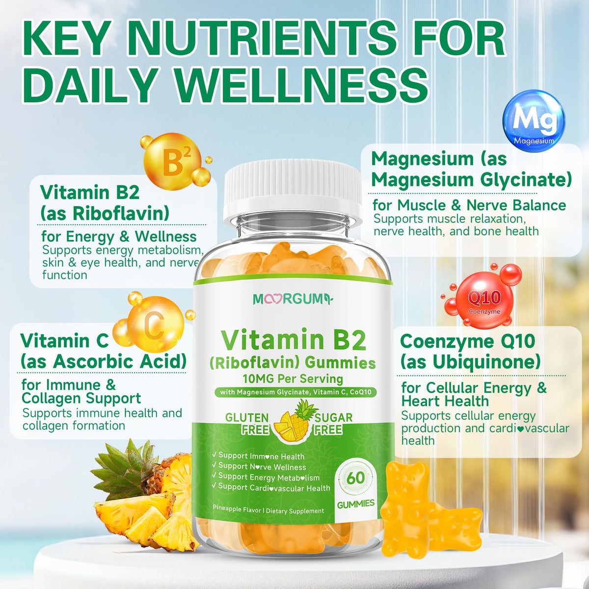 Gummies de vitamine B2 MOORGUMY avec une portion dans une cuillère