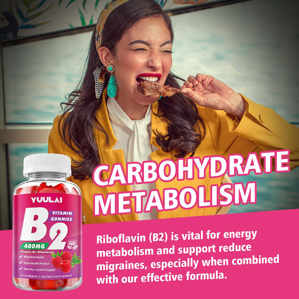 Gummies de vitamine B2 YUULAI, gros plan sur la forme et la couleur