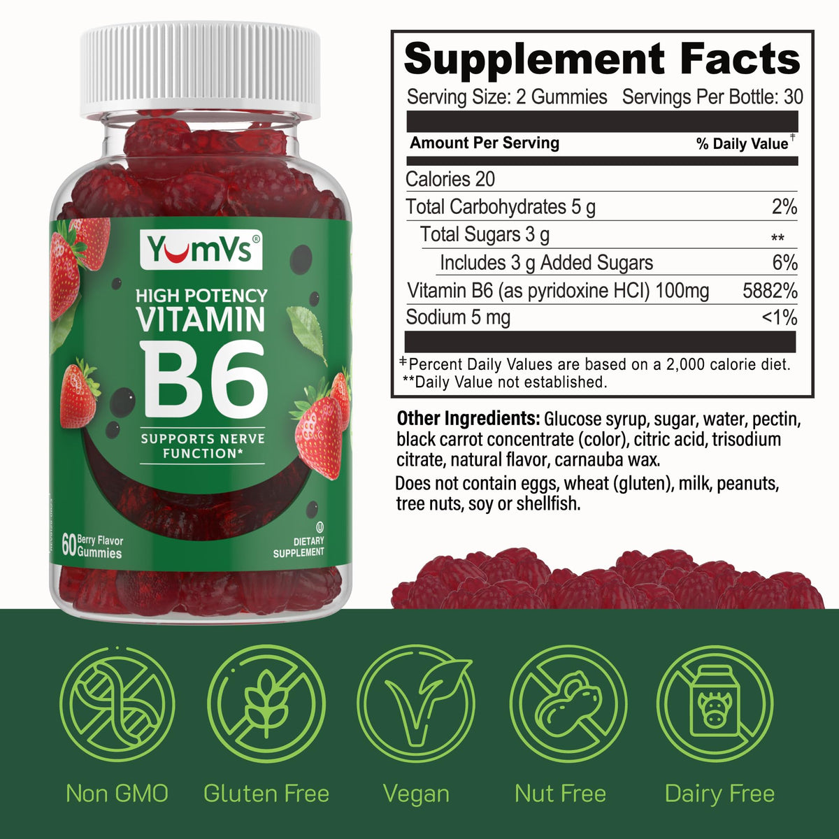 Gummies de vitamine B6 YUM-V'S sur une table avec des fraises