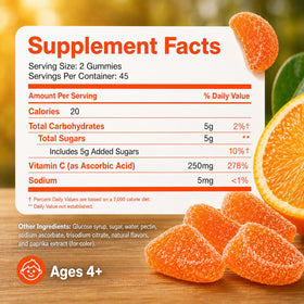 Gummies de Vitamine C 250mg The Feel Great Vitamin Company, présentation avec des fruits