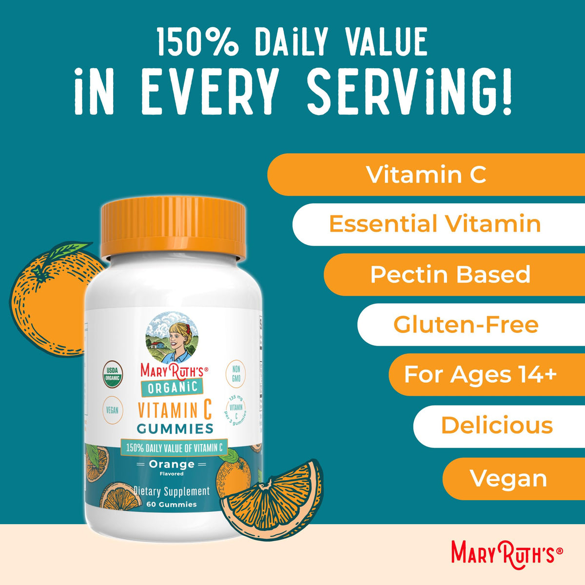 Gummies de vitamine C bio MARYRUTH'S à côté d'un verre d'eau