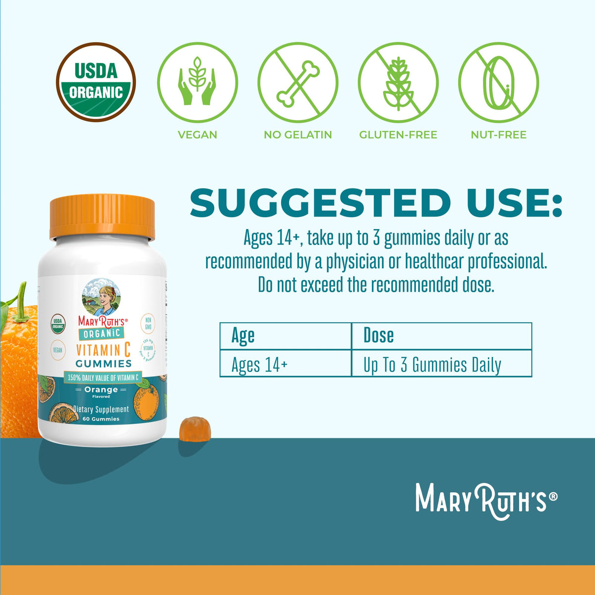 Gummies de vitamine C bio MARYRUTH'S à l'orange sur une assiette